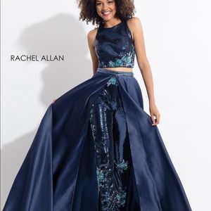Rachel Allan Navy Blue Two-Piece Sequin Prom Gown with Teal Accents